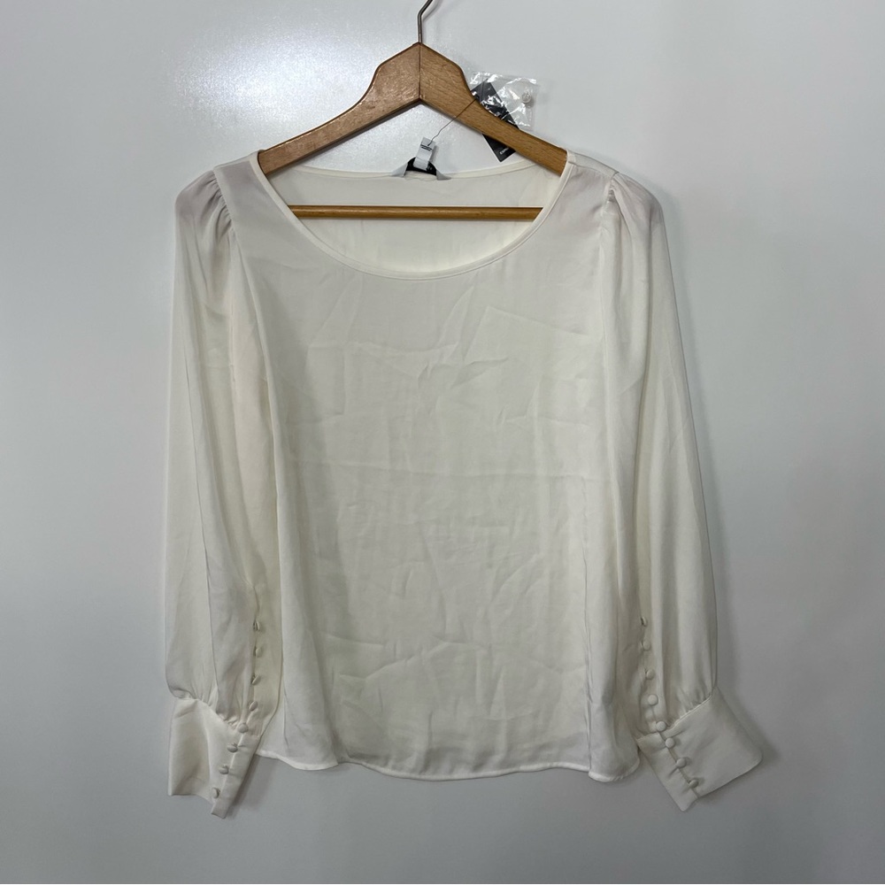 Express Flowy Sheer Ivory Blouse with Buttoned Long Sleeves, Size S